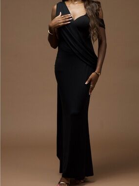 JLUXLABEL One-Shoulder Black Draped Evening Gown